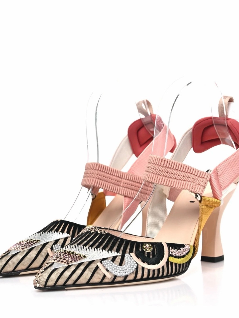 Fendi Pink, Black and Mustard Embellished Pointed-Toe Heels